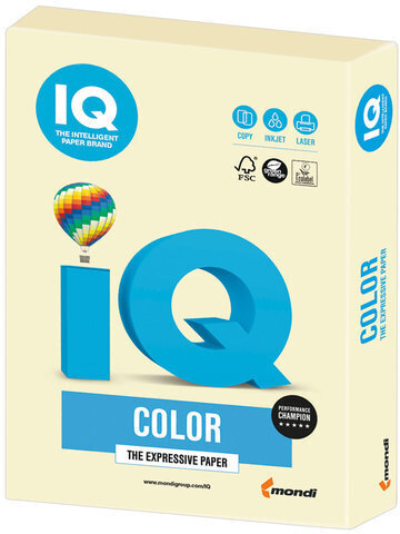 Бумага цветная IQ color, А4, 160 г/м2, 250 л., пастель, ванильная, BE66