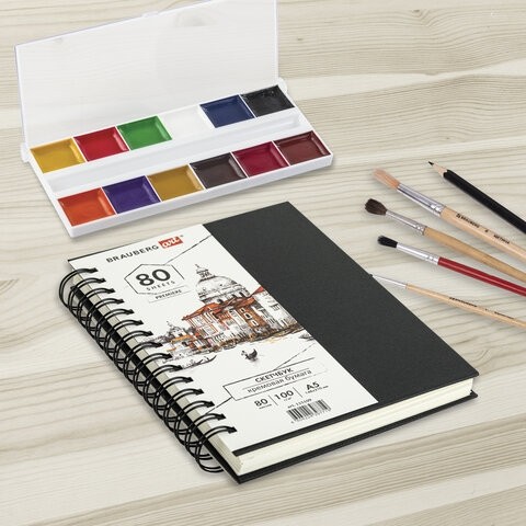 Скетчбук, слоновая кость 100 г/м2, 148х210 мм, 80 л., гребень, твердая обложка, BRAUBERG ART, 115109