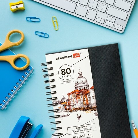 Скетчбук, слоновая кость 100 г/м2, 148х210 мм, 80 л., гребень, твердая обложка, BRAUBERG ART, 115109