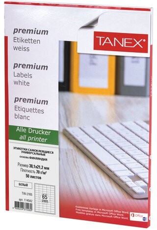 Этикетка самоклеящаяся 38,1х21,2 мм, 65 этикеток, белая, 70г/м2, 50 листов, TANEX, сырье Финляндия, 114542, TW-2165