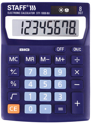Калькулятор настольный STAFF STF-1808-BU, КОМПАКТНЫЙ (140х105 мм), 8 разрядов, двойное питание, СИНИЙ, 250466