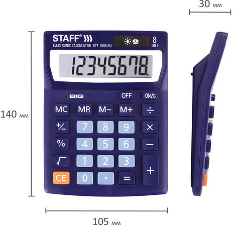 Калькулятор настольный STAFF STF-1808-BU, КОМПАКТНЫЙ (140х105 мм), 8 разрядов, двойное питание, СИНИЙ, 250466