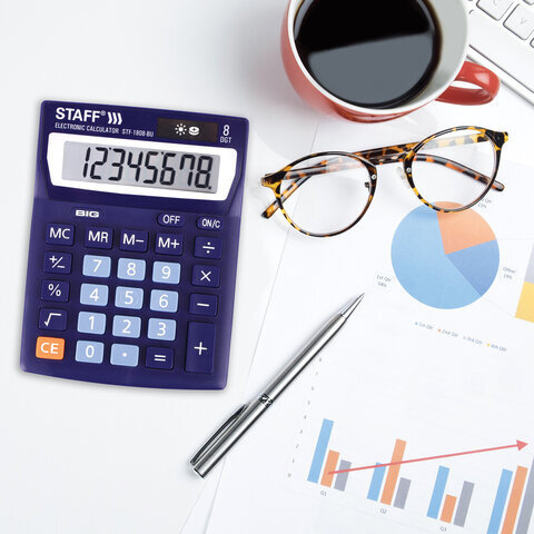 Калькулятор настольный STAFF STF-1808-BU, КОМПАКТНЫЙ (140х105 мм), 8 разрядов, двойное питание, СИНИЙ, 250466