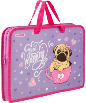 Папка с ручками ПИФАГОР А4, 1 отделение, пластик, молния сверху, 40 мм, &quot;Pug&quot;, 270330