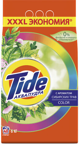 Стиральный порошок автомат 6 кг TIDE (Тайд) АКВАПУДРА Color "Сибирские травы", 8001841509587