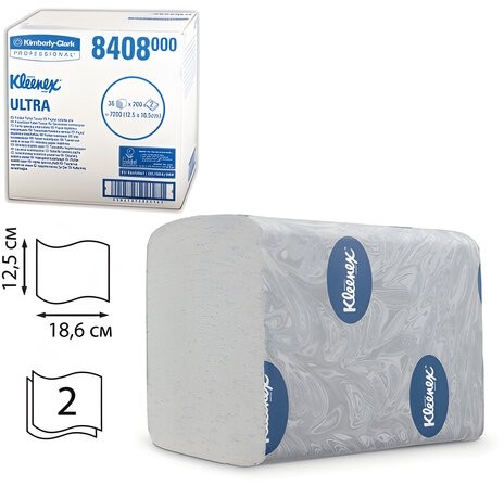 Бумага туалетная KIMBERLY-CLARK Kleenex, комплект 36 шт., Ultra, листовая, 200 л., 18,6х12,5 см, 2-слойная, диспенсер 601545, 8408