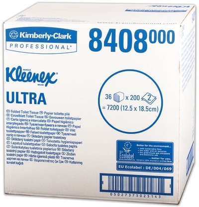 Бумага туалетная KIMBERLY-CLARK Kleenex, комплект 36 шт., Ultra, листовая, 200 л., 18,6х12,5 см, 2-слойная, диспенсер 601545, 8408