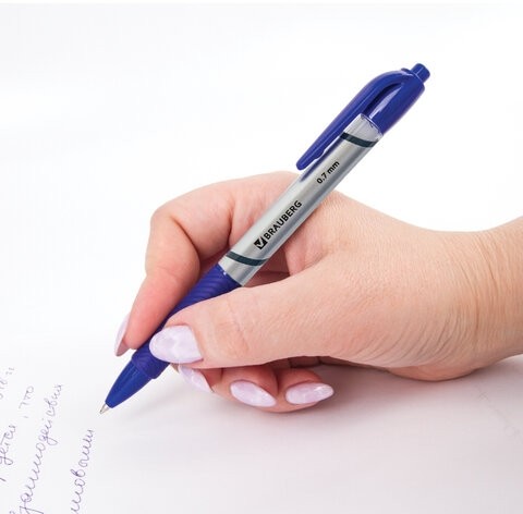 Ручка шариковая автоматическая с грипом BRAUBERG "Leader", СИНЯЯ, корпус с печатью, узел 0,7 мм, линия письма 0,35 мм, 141540