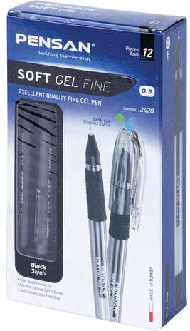 Ручка гелевая с грипом PENSAN "Soft Gel Fine", ЧЕРНАЯ, игольчатый узел 0,5 мм, линия 0,4 мм, 2420/12