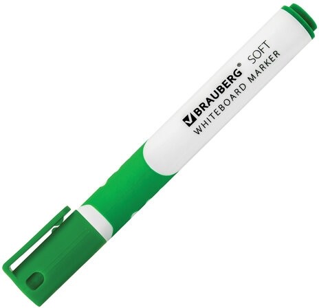 Маркер стираемый для белой доски ЗЕЛЕНЫЙ, BRAUBERG "SOFT", 5 мм, резиновая вставка, 151251