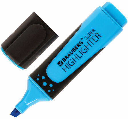 Текстовыделитель BRAUBERG "SUPER", ГОЛУБОЙ, прорезиненный корпус, линия 1-5 мм, 151742