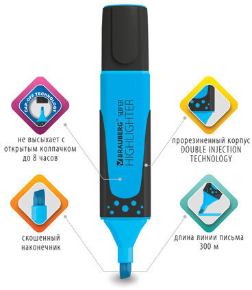 Текстовыделитель BRAUBERG "SUPER", ГОЛУБОЙ, прорезиненный корпус, линия 1-5 мм, 151742