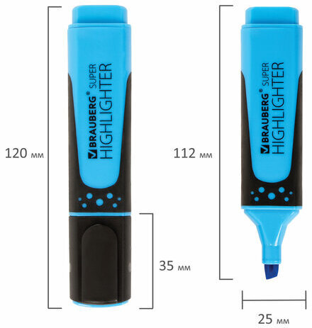 Текстовыделитель BRAUBERG "SUPER", ГОЛУБОЙ, прорезиненный корпус, линия 1-5 мм, 151742