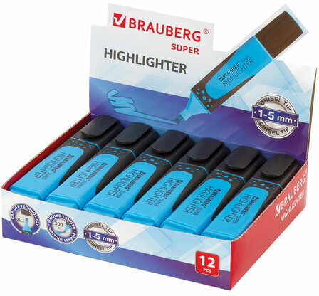 Текстовыделитель BRAUBERG "SUPER", ГОЛУБОЙ, прорезиненный корпус, линия 1-5 мм, 151742