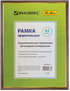 Рамка 30х40 см, пластик, багет 14 мм, BRAUBERG &quot;HIT&quot;, красное дерево с позолотой, стекло, 390259