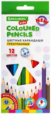 Карандаши цветные BRAUBERG KIDS NEW, 12 цветов, трехгранные, грифель 3 мм, 182001