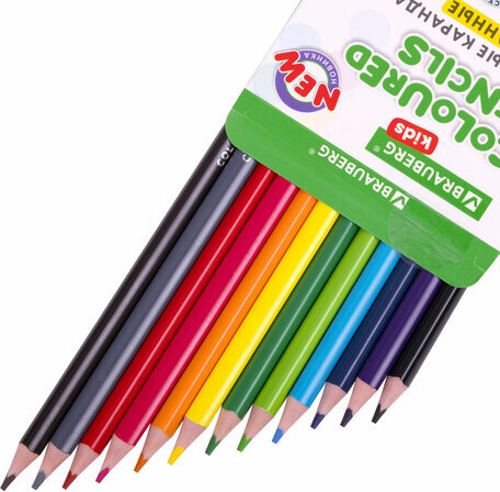 Карандаши цветные BRAUBERG KIDS NEW, 12 цветов, трехгранные, грифель 3 мм, 182001