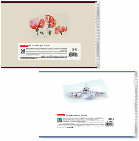Альбом для акварели А4 40 л., бумага 200 г/м2, гребень, обложка картон, BRAUBERG, "Рисунок" (2 вида), 106713