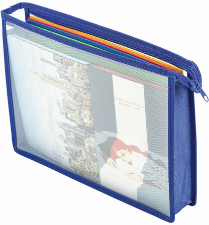 Папка для тетрадей А4 ПИФАГОР, пластик, молния сверху, прозрачная, синий, 272109