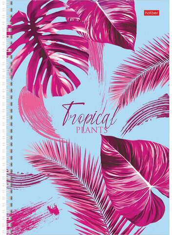 Тетрадь А4, 96 л., HATBER, гребень, клетка, обложка картон, "ТропикиЛистья" (4 вида в спайке), 96Т4В1гр