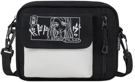 Сумка на плечо HEIKKI SELFIE (ХЕЙКИ) два кармана, черная/белая с принтом, 17х22х6 см, 272635