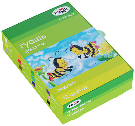 Гуашь ГАММА "Пчелка", 12 цветов по 20 мл, без кисти, картонная упаковка, 221014_12