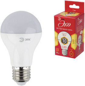 Лампа светодиодная ЭРА, 10 (70) Вт, цоколь E27, грушевидная, теплый белый свет, 25000 ч., LED smdA60-10w-827-E27ECO