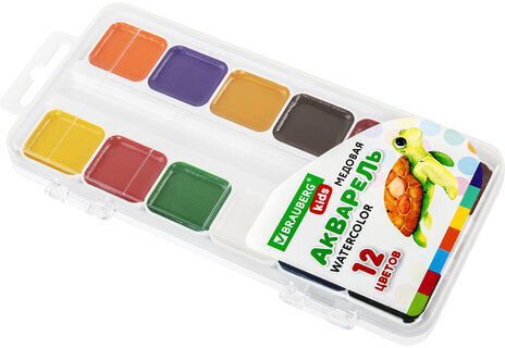 Краски акварельные BRAUBERG KIDS, медовые, 12 цветов, квадратные кюветы, пластиковый пенал, 192282