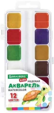 Краски акварельные BRAUBERG KIDS, медовые, 12 цветов, квадратные кюветы, пластиковый пенал, 192282