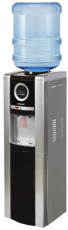 Кулер для воды SONNEN FEB-02, напольный, НАГРЕВ/ОХЛАЖДЕНИЕ ЭЛЕКТРОННОЕ, шкаф, 2 крана, серебристый/черный, 453982