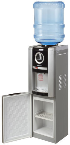 Кулер для воды SONNEN FEB-02, напольный, НАГРЕВ/ОХЛАЖДЕНИЕ ЭЛЕКТРОННОЕ, шкаф, 2 крана, серебристый/черный, 453982