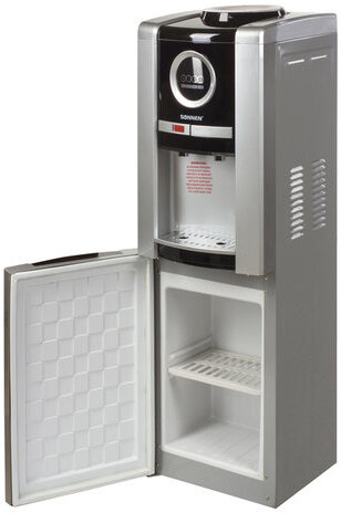 Кулер для воды SONNEN FEB-02, напольный, НАГРЕВ/ОХЛАЖДЕНИЕ ЭЛЕКТРОННОЕ, шкаф, 2 крана, серебристый/черный, 453982