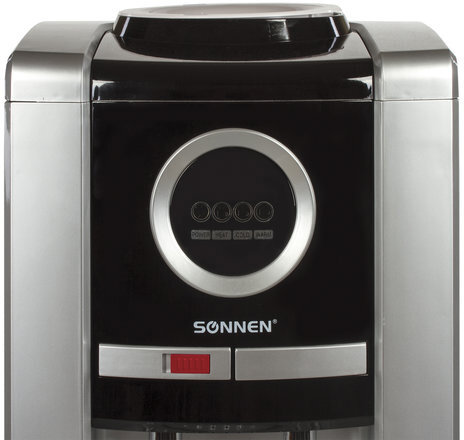Кулер для воды SONNEN FEB-02, напольный, НАГРЕВ/ОХЛАЖДЕНИЕ ЭЛЕКТРОННОЕ, шкаф, 2 крана, серебристый/черный, 453982