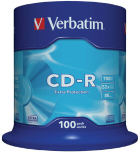 Диски CD-R VERBATIM 700 Mb 52х, КОМПЛЕКТ 100 шт., Cake Box, 43411