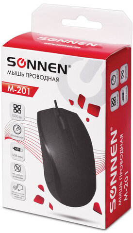 Мышь проводная SONNEN М-201, USB, 1000 dpi, 2 кнопки + колесо-кнопка, оптическая, черная, 512631