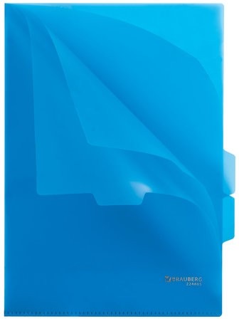 Папка-уголок с 3 отделениями, жесткая, BRAUBERG, синяя, 0,15 мм, 224885
