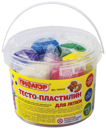Пластилин на растительной основе (тесто для лепки) ПИФАГОР, 7 цветов, 420 г, пластиковое ведро, 104545