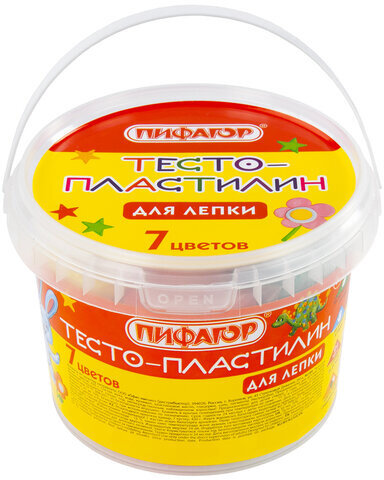 Пластилин на растительной основе (тесто для лепки) ПИФАГОР, 7 цветов, 420 г, пластиковое ведро, 104545