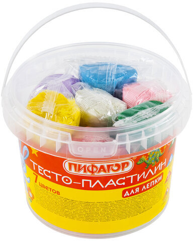 Пластилин на растительной основе (тесто для лепки) ПИФАГОР, 7 цветов, 420 г, пластиковое ведро, 104545