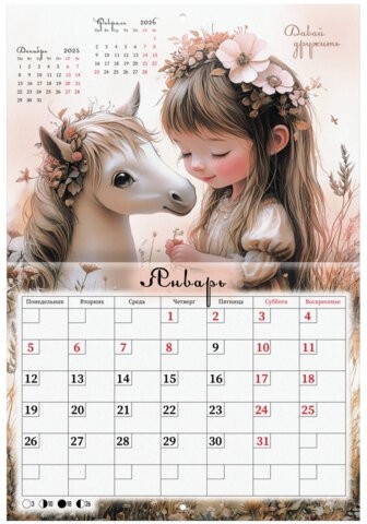 Календарь-планер настенный перекидной на 2026г, 12 листов, 30х21,3см, My sweet pony, BRAUBERG, 116948