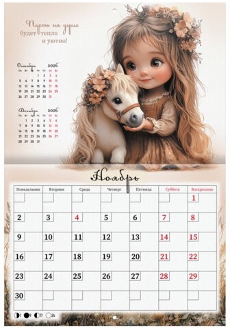 Календарь-планер настенный перекидной на 2026г, 12 листов, 30х21,3см, My sweet pony, BRAUBERG, 116948