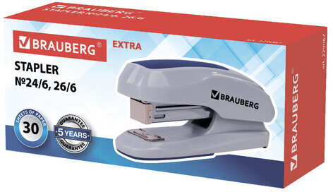 Степлер №24/6, 26/6 BRAUBERG "Extra", до 30 листов, серо-синий, 229087