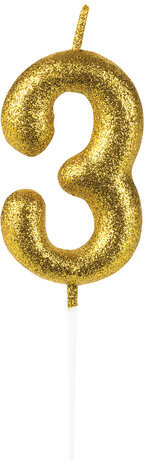 Свеча-цифра для торта "3" золотая с глиттером, 6 см, ЗОЛОТАЯ СКАЗКА, на шпажке, в блистере, 591416