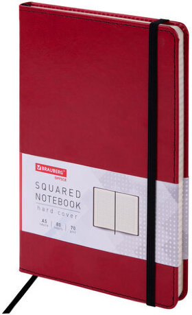 Блокнот А5 (148x218 мм), BRAUBERG &quot;Office&quot;, под кожу, 80 л., резинка, клетка, красный, 111030