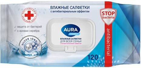 Салфетки влажные 120 шт., AURA Family, антибактериальные, для всей семьи, крышка клапан, 92342, 14622