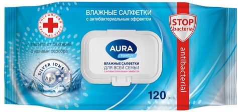 Салфетки влажные 120 шт., AURA Family, антибактериальные, для всей семьи, крышка клапан, 92342, 14622