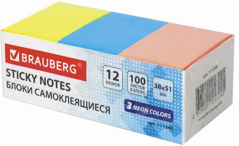 Блоки самоклеящиеся (стикеры) BRAUBERG 38х51 мм, 100 листов, НАБОР 12 штук, 3 неоновых цвета, 111345