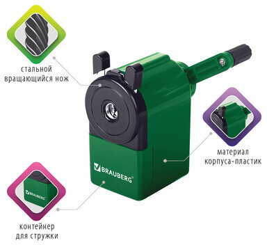 Точилка механическая BRAUBERG "JET", металлический механизм, корпус зеленый, 229571