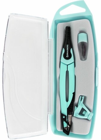 Готовальня BRAUBERG ULTRA, 4 предмета: циркуль 135 мм, запасной грифель, насадка, мятный цвет, 210824
