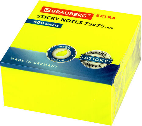 Блок самоклеящийся (стикеры) EXTRA STICKY BRAUBERG (Германия), НЕОНОВЫЙ, 75х75 мм, 400 л., желтый, 112423